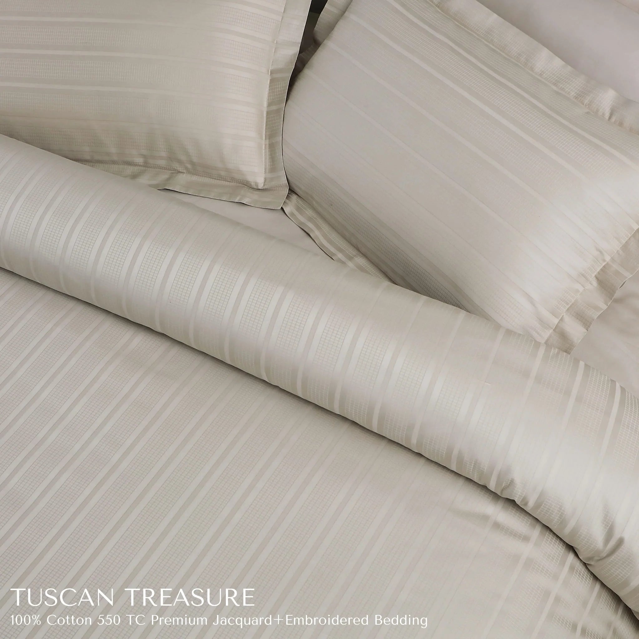 Malako Tuscan Treasure Striped Jacquard Olive Beige 550 TC 100% Cotton King Size Duvet Cover Set
