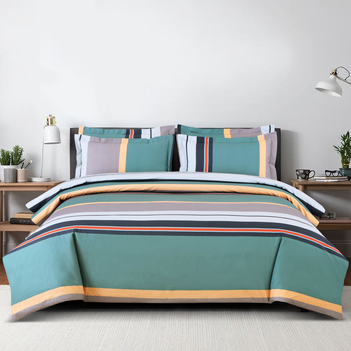 Malako Sion 100% Cotton Green Striped King Size Bedding Set