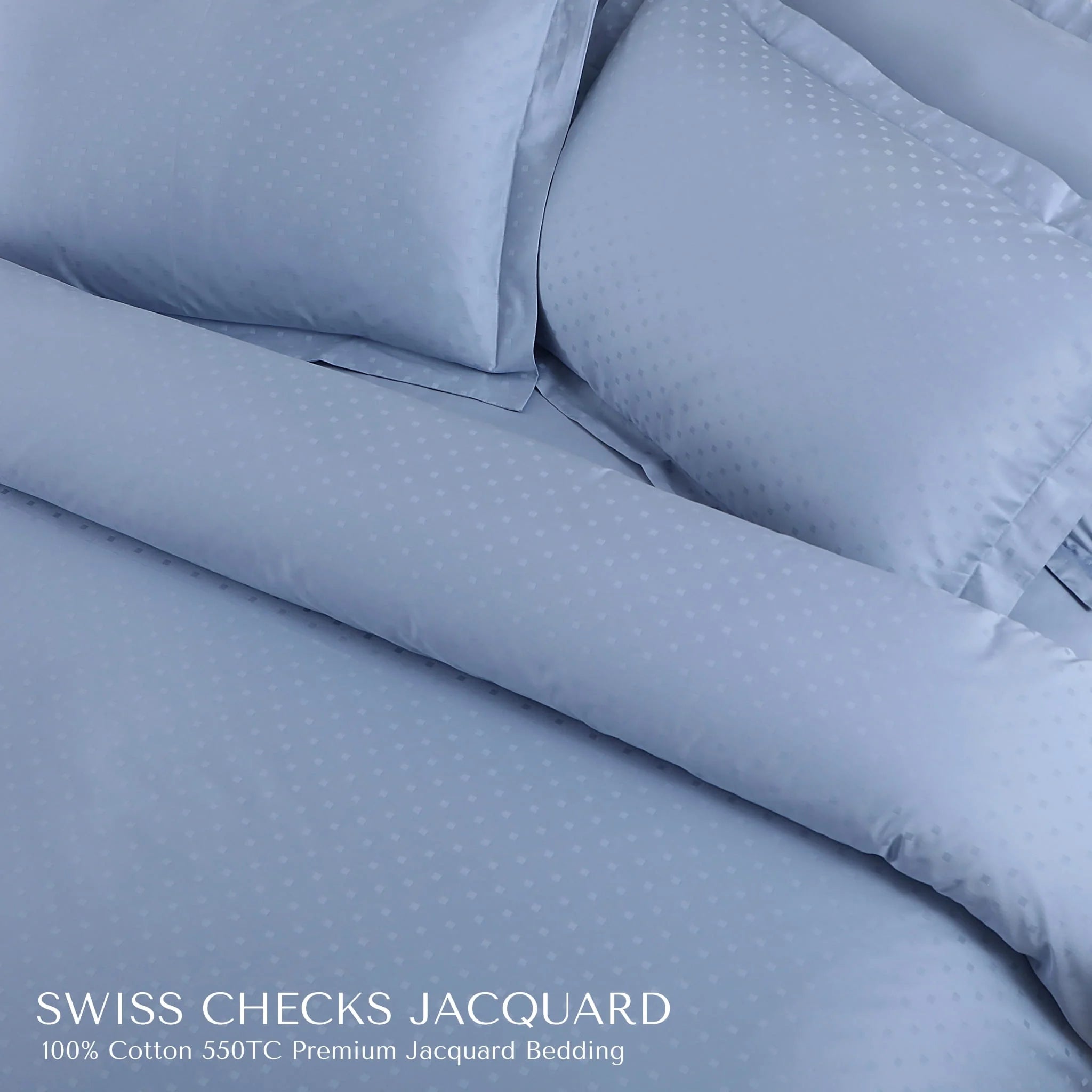 Malako Swiss Checks Jacquard Pigeon Blue 550 TC 100% Cotton King Size Duvet Cover Set