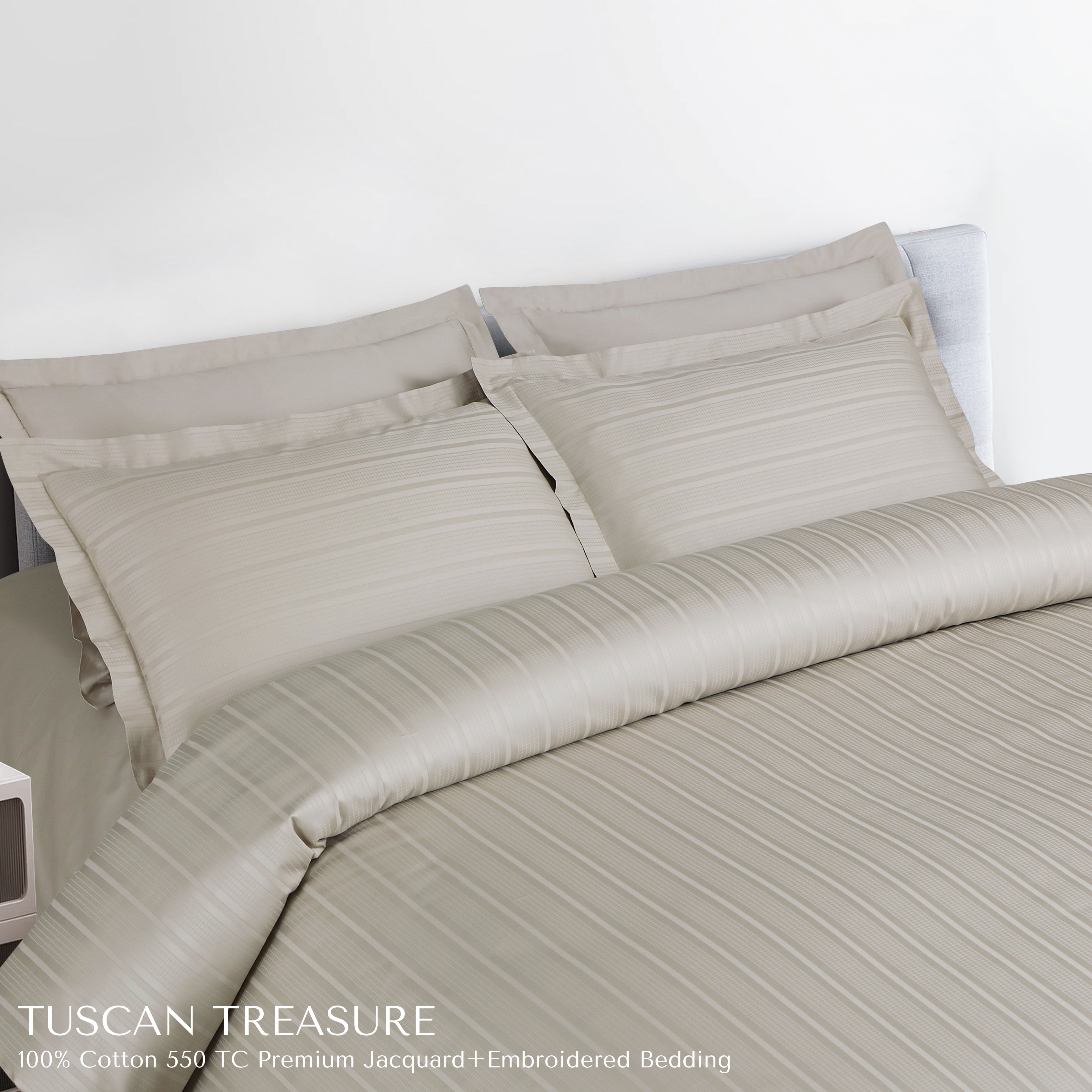Malako Tuscan Treasure Striped Jacquard Olive Beige 550 TC 100% Cotton King Size Bedding