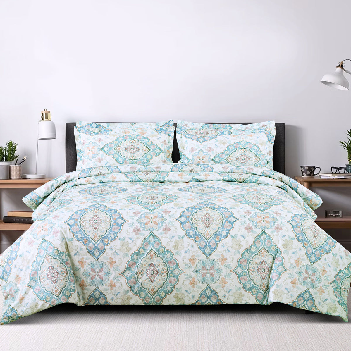 Malako Basel White Ethnic 100% Cotton King Size Bedding Set