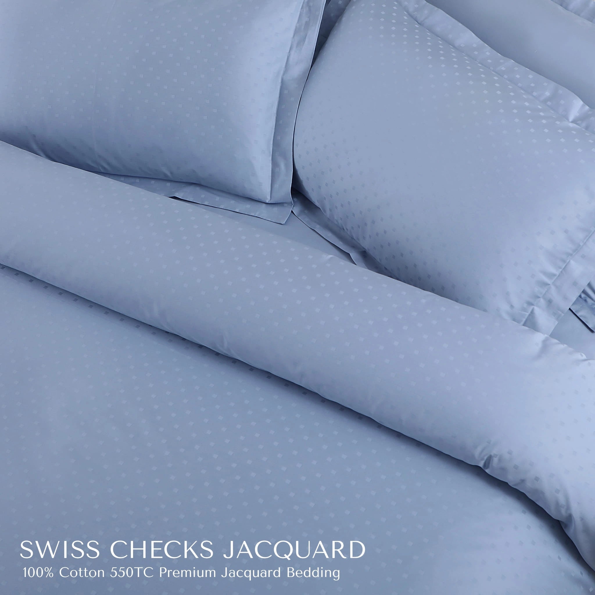 Malako Swiss Checks Jacquard Pigeon Blue 550 TC 100% Cotton King Size Bedding