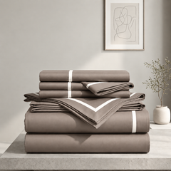 Malako Luxe Striped 550TC Taupe Brown 100% Cotton Super King Size Duvet Cover Set with Bedsheet and 4 Pillow Covers