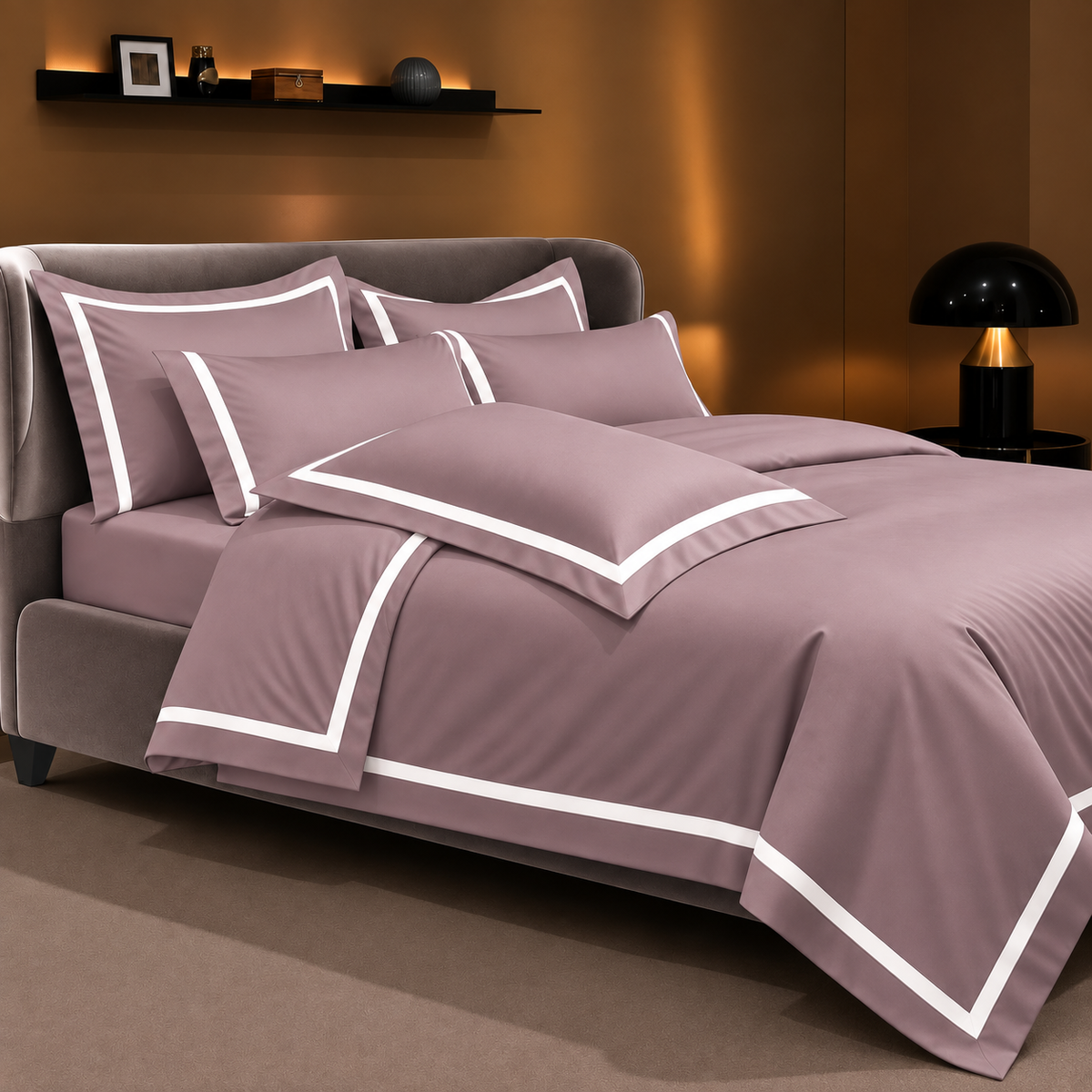 Malako Luxe Striped 550TC Mauve/Wine 100% Cotton Super King Size Duvet Cover Set with Bedsheet and 4 Pillow Covers