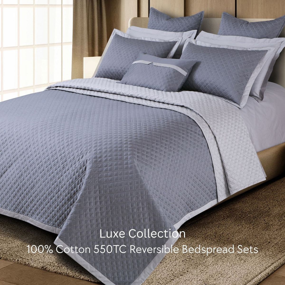 Malako Luxe 550 TC 100% Cotton Grey Solid King Size Reversible Bedspread Set