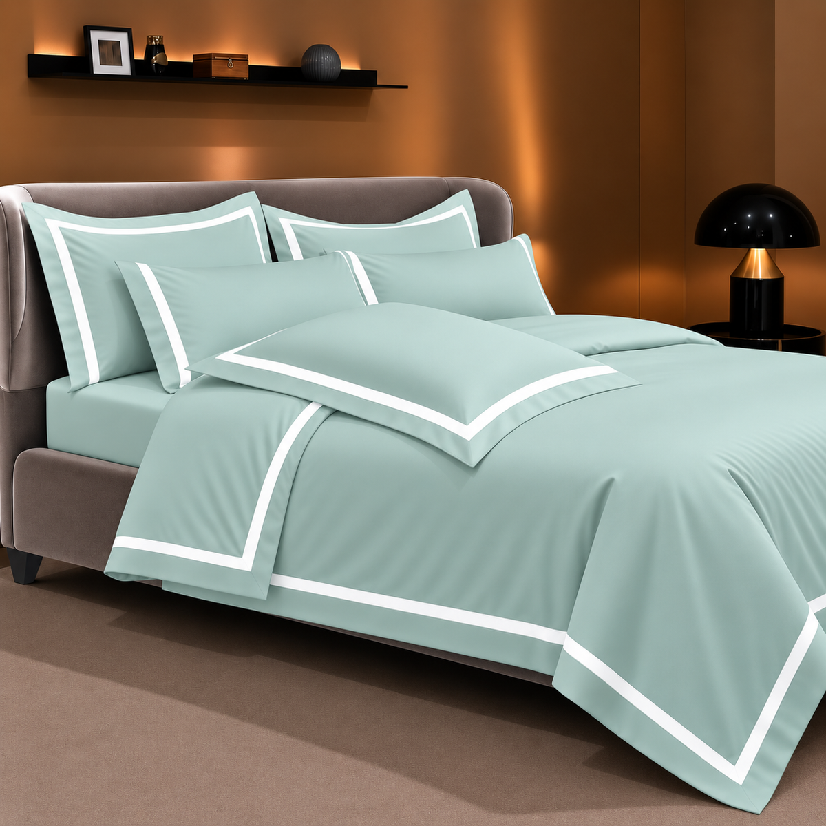 Malako Luxe Striped 550TC Mint Green 100% Cotton Super King Size Duvet Cover Set with Bedsheet and 4 Pillow Covers
