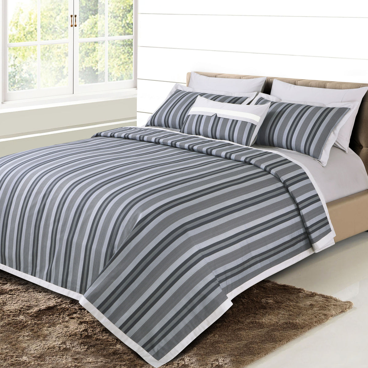 Malako Caèn 100% Cotton Grey Striped Modern Abstract King Size Bedding