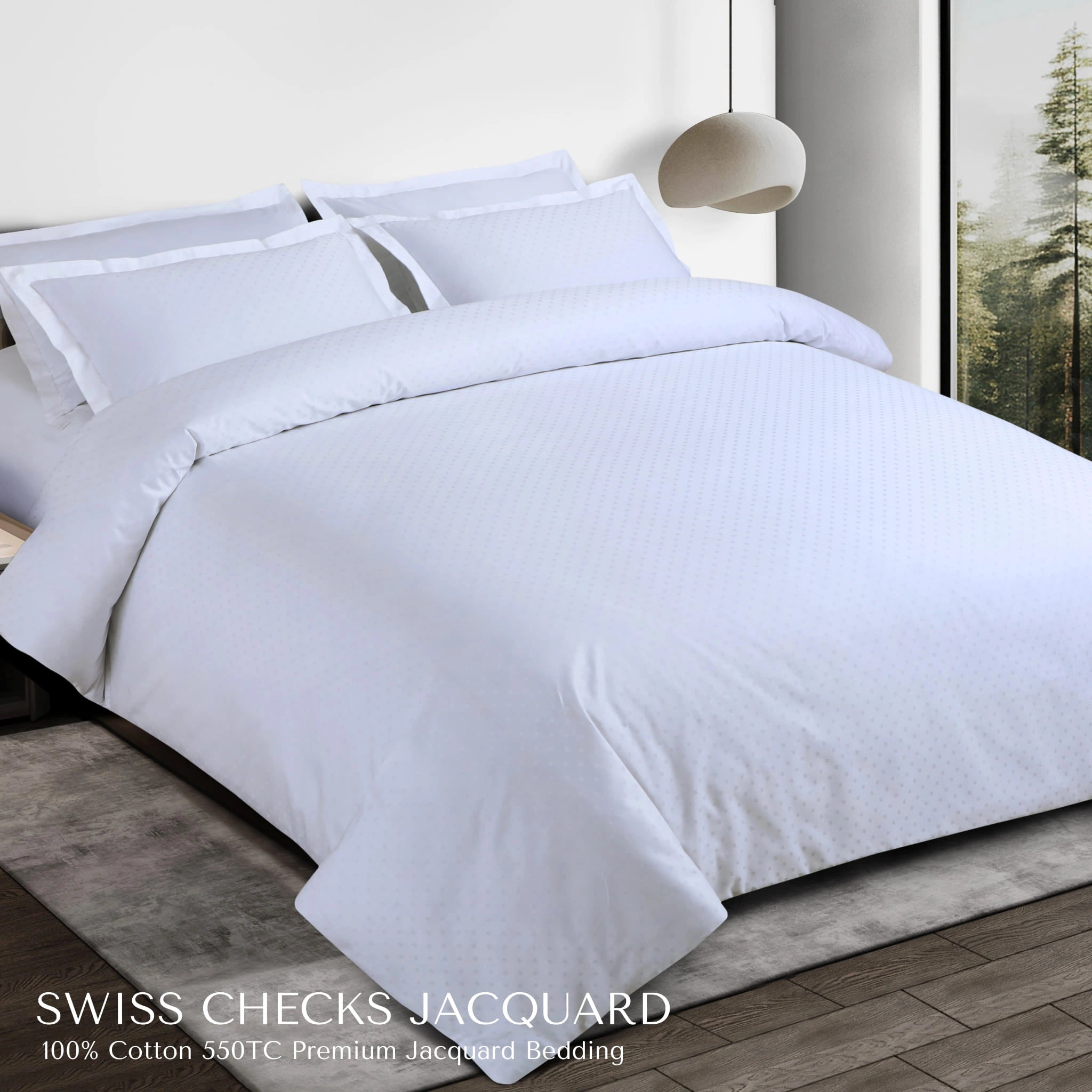 Malako Swiss Checks Jacquard Brilliant White 550 TC 100% Cotton King Size Bedding