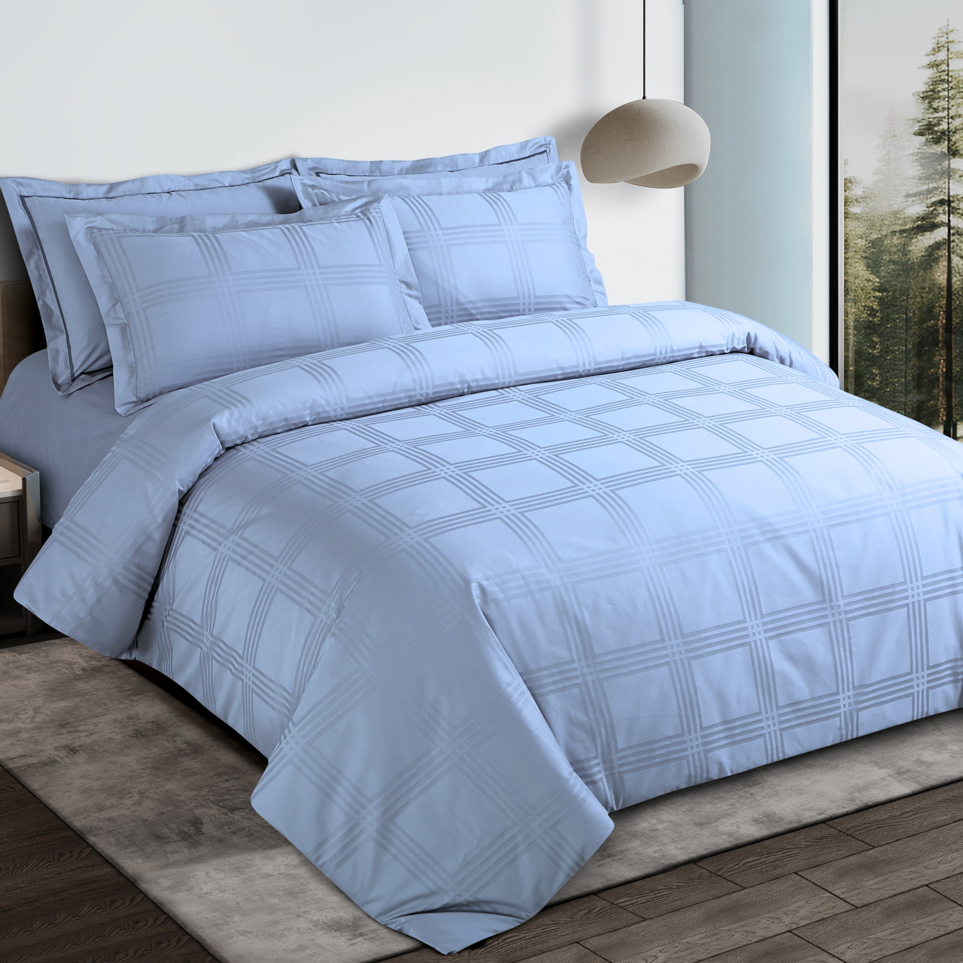 Malako Amalfi Jacquard Pigeon Blue Checks 550 TC 100% Cotton Duvet Cover