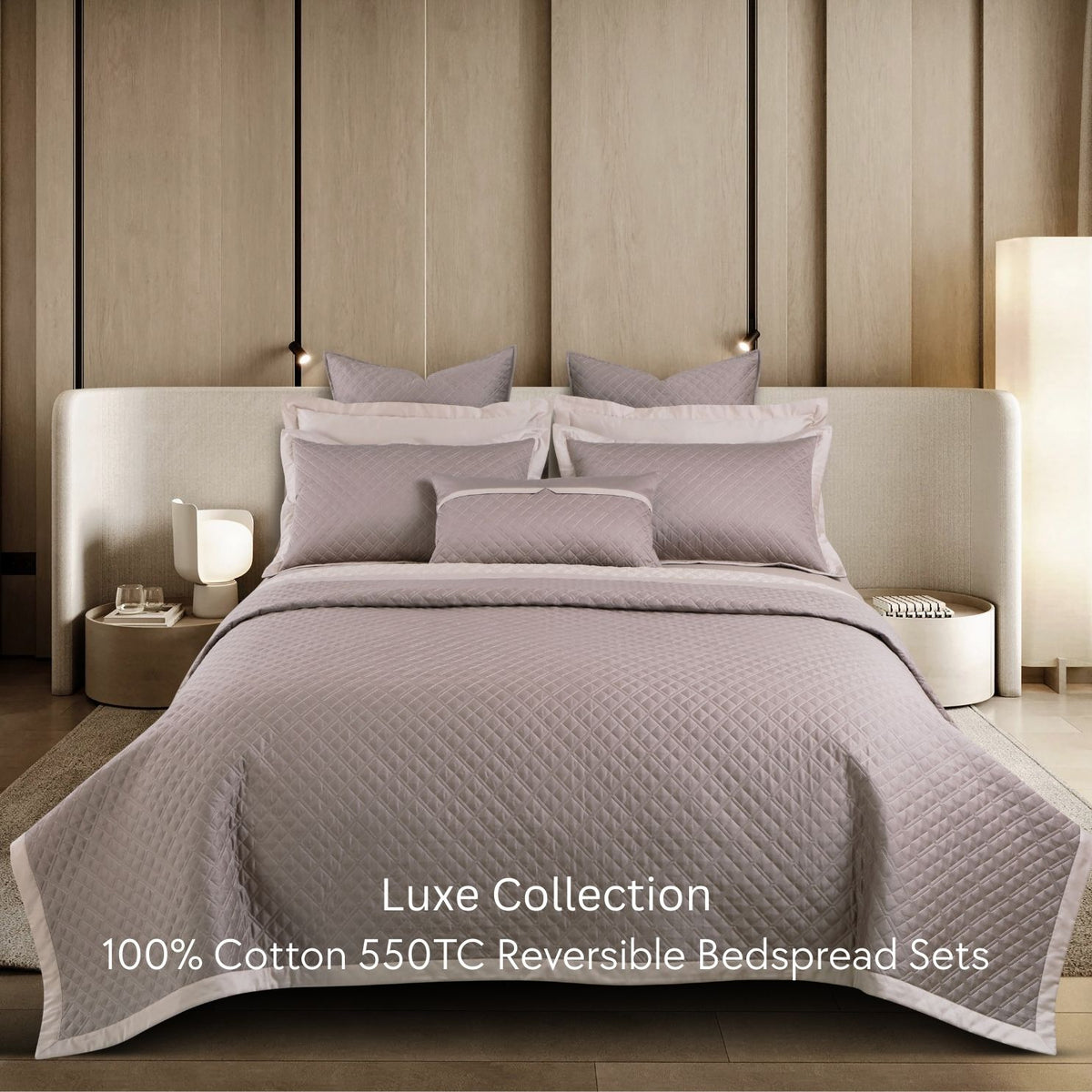 Malako Luxe 550 TC 100% Cotton Taupe & Beige Solid King Size Reversible Bedspread Set