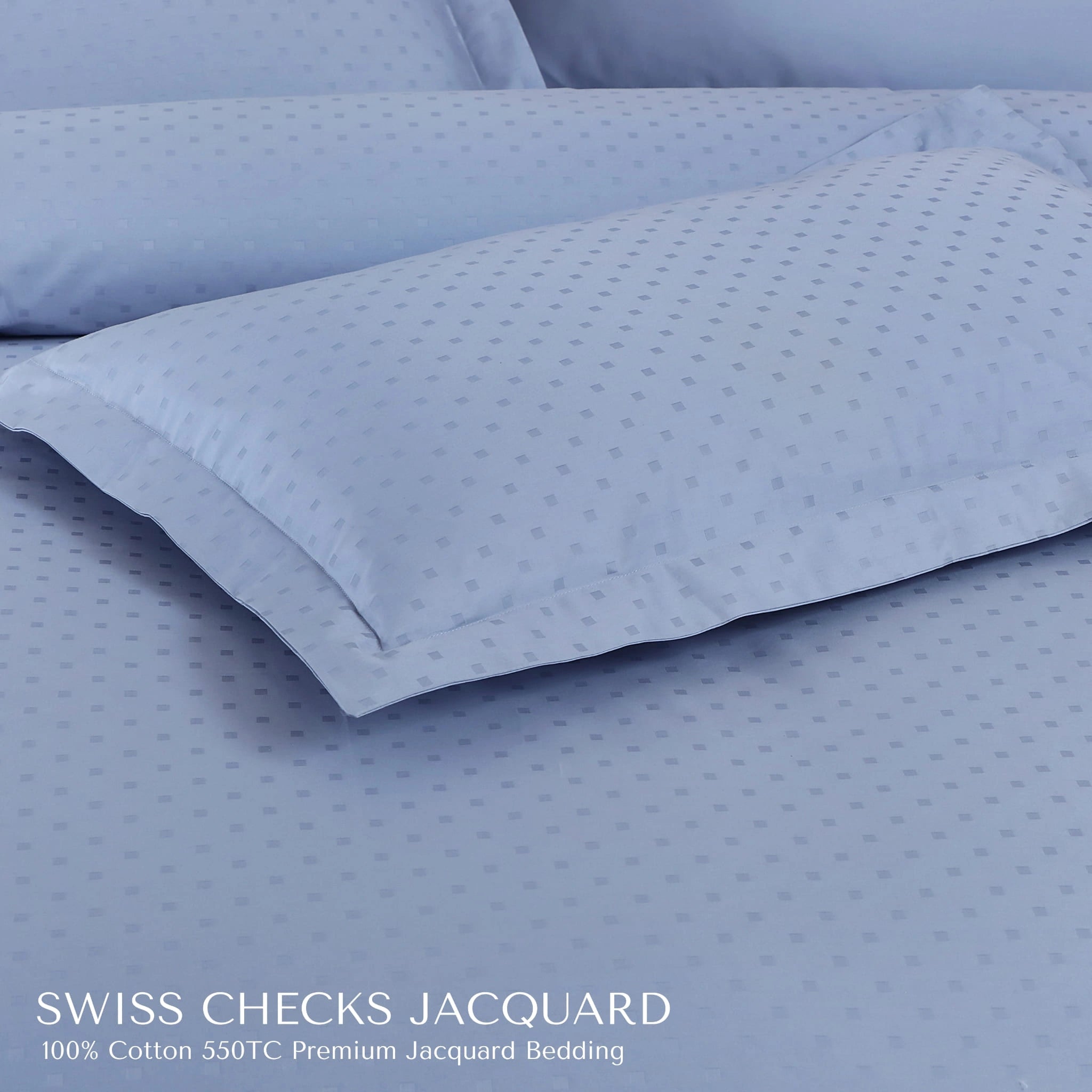 Malako Swiss Checks Jacquard Pigeon Blue 550 TC 100% Cotton King Size Bedding