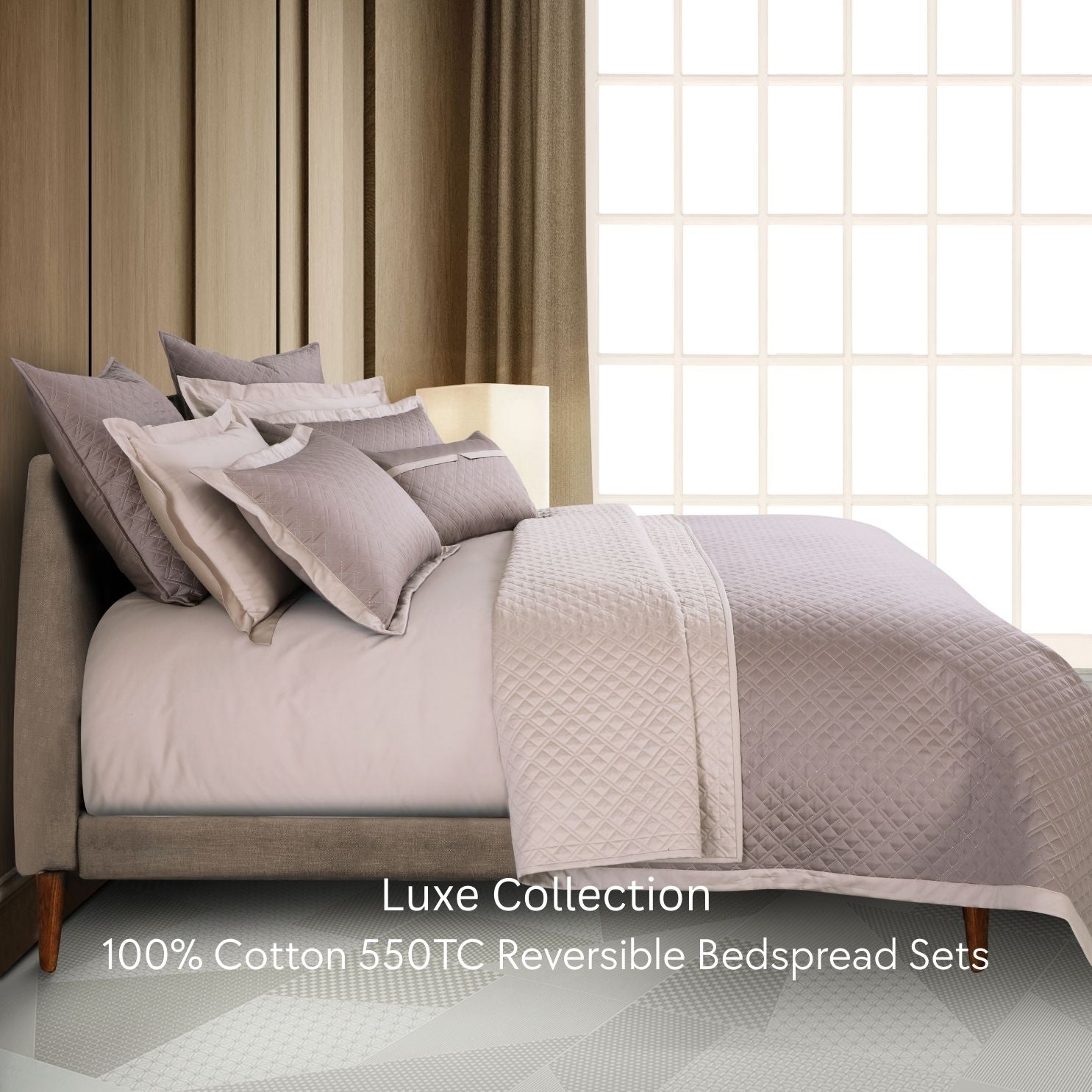Malako Luxe 550 TC 100% Cotton Taupe & Beige Solid King Size Reversible Bedspread Set