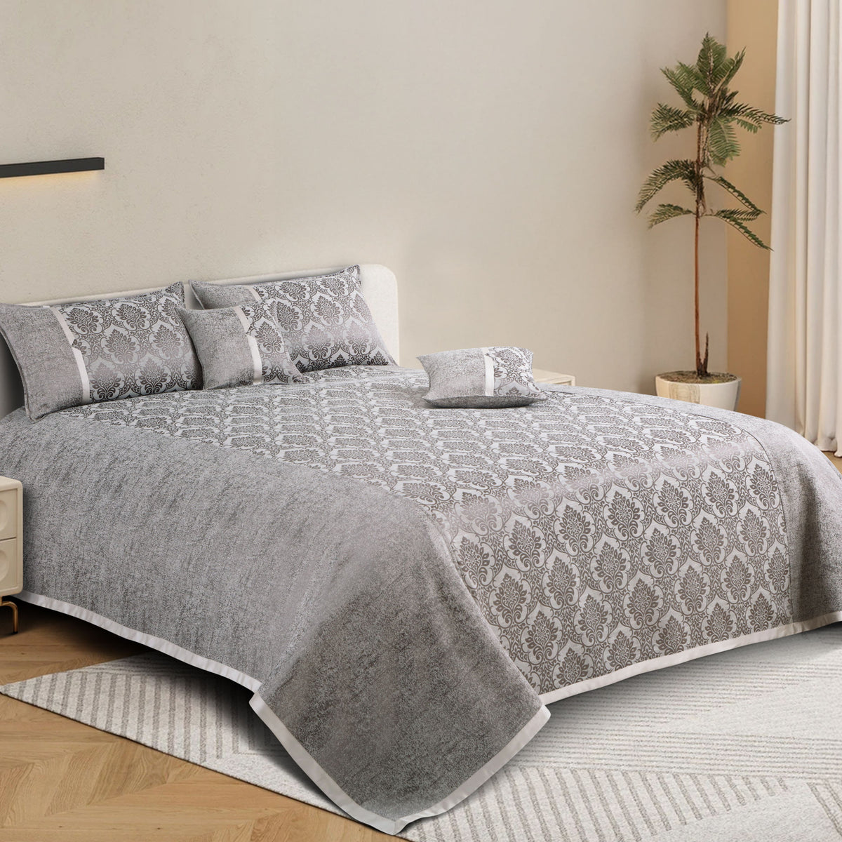Malako Grey Jacquard King Size 5 Piece Bedspread Set