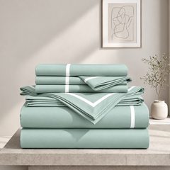 Malako Luxe Striped 550TC Mint Green 100% Cotton Super King Size Duvet Cover Set with Bedsheet and 4 Pillow Covers
