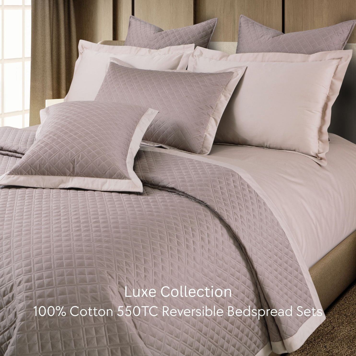 Malako Luxe 550 TC 100% Cotton Taupe & Beige Solid King Size Reversible Bedspread Set