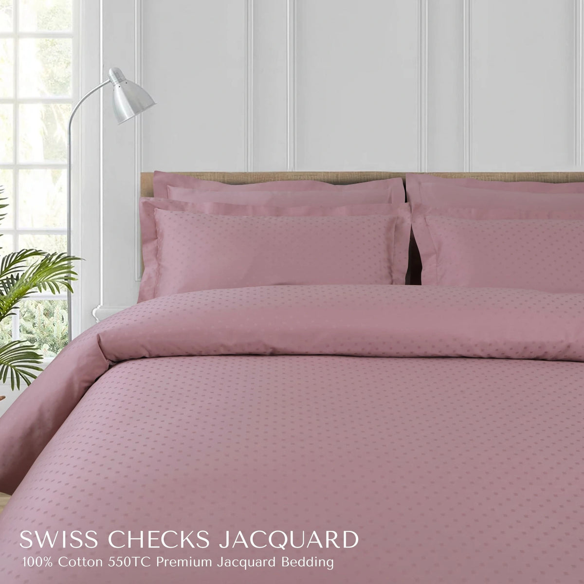 Malako Swiss Checks Jacquard Blush Pink 550 TC 100% Cotton King Size Bedding