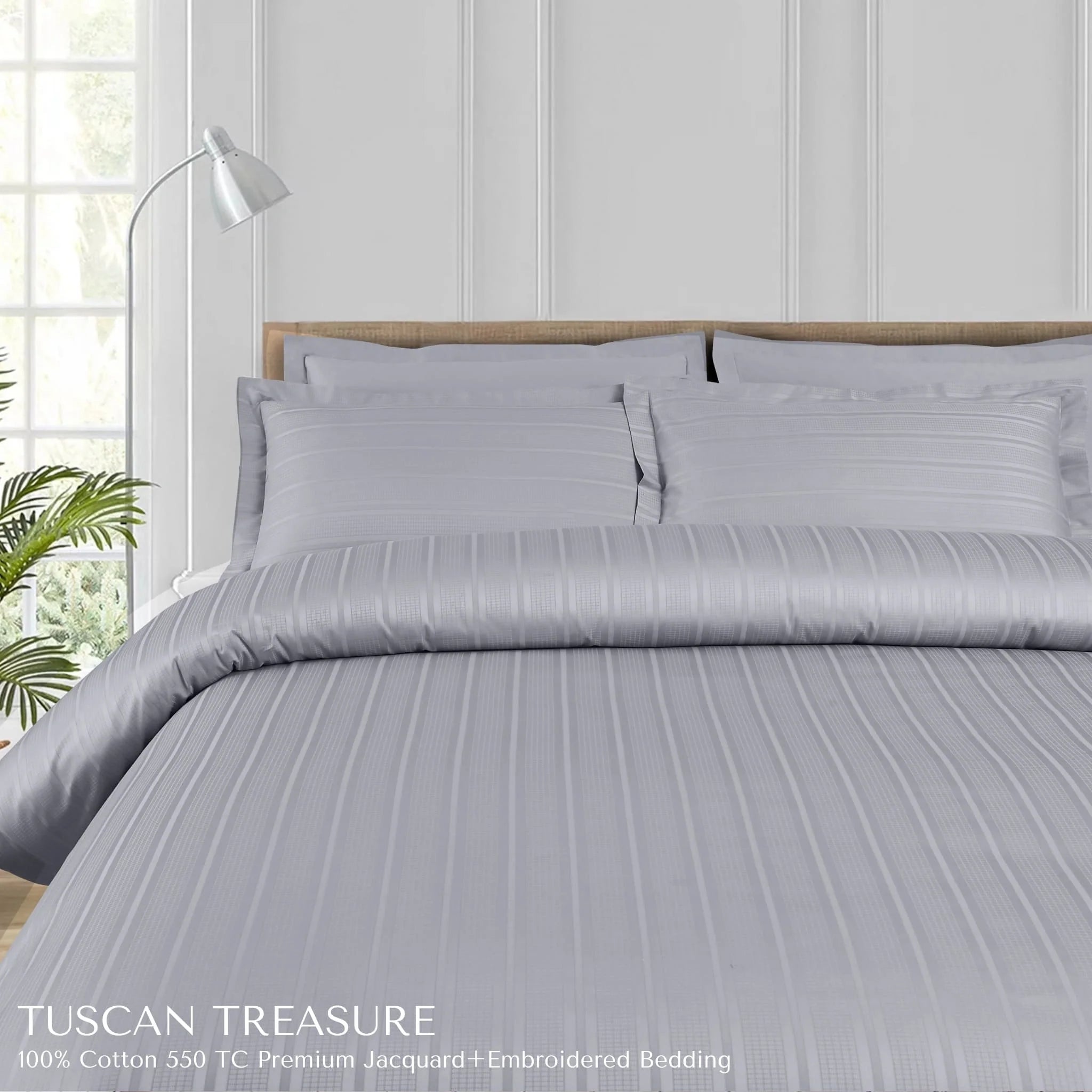 Malako Tuscan Treasure Striped Jacquard Silver Grey 550 TC 100% Cotton King Size Duvet Cover Set