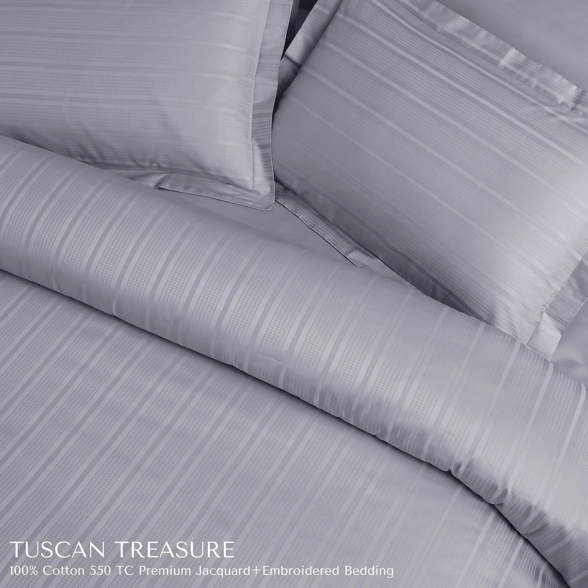 Malako Tuscan Treasure Striped Jacquard Silver Grey 550 TC 100% Cotton King Size Duvet Cover Set