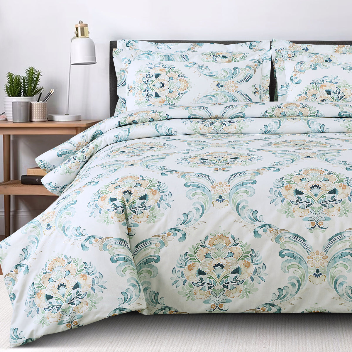 Malako Basel White and Green 100% Cotton King Size Bedding