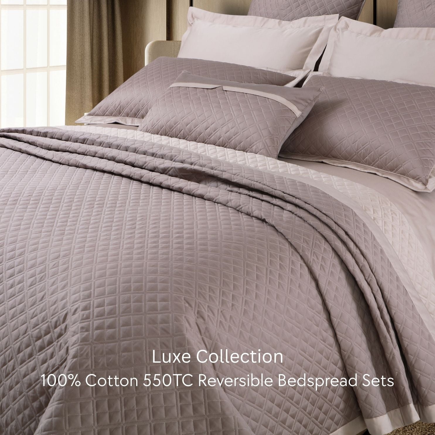 Malako Luxe 550 TC 100% Cotton Taupe & Beige Solid King Size Reversible Bedspread Set