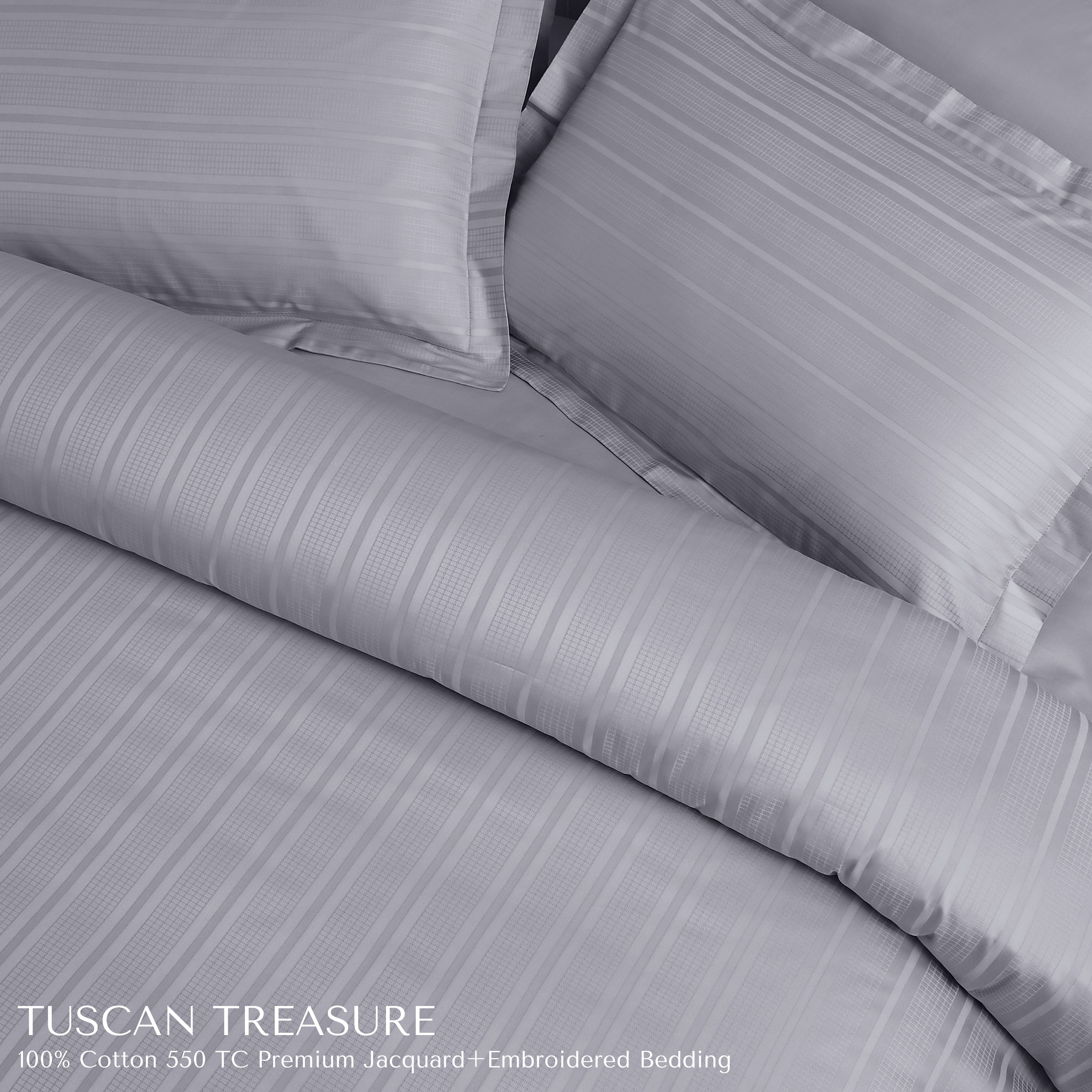 Malako Tuscan Treasure Striped Jacquard Silver Grey 550 TC 100% Cotton King Size Bedding