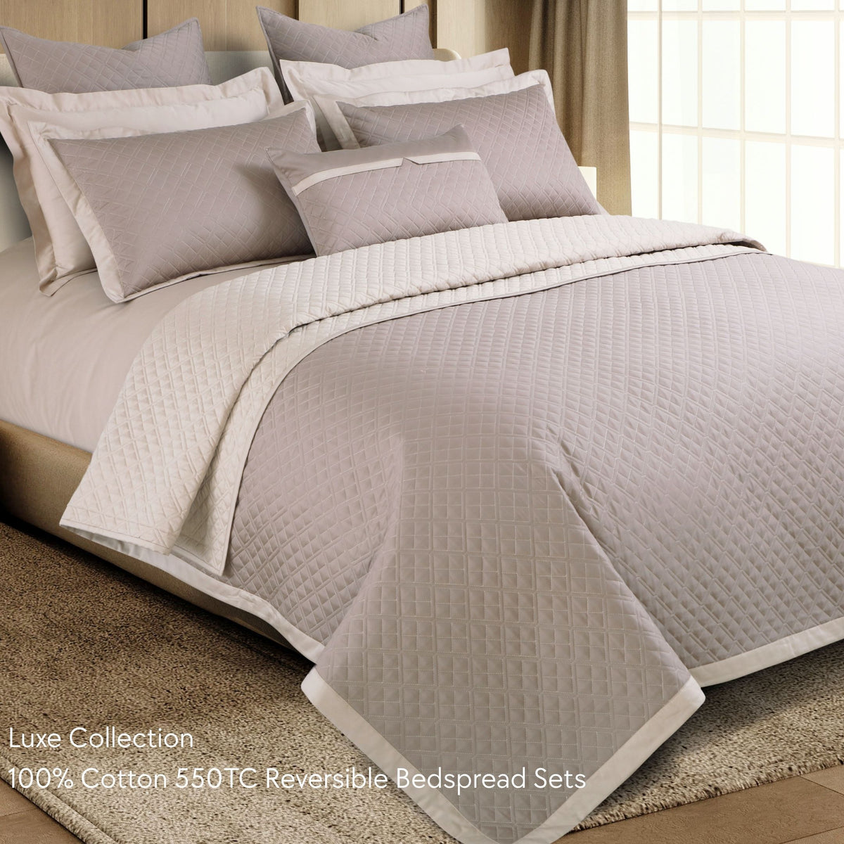 Malako Luxe 550 TC 100% Cotton Taupe & Beige Solid King Size Reversible Bedspread Set