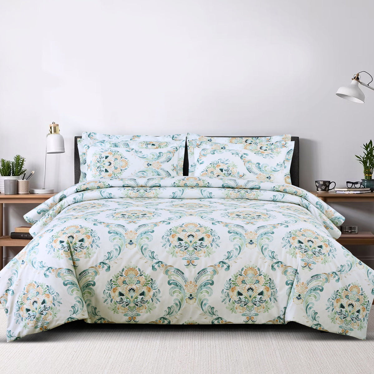 Malako Basel White and Green 100% Cotton King Size Bedding Set