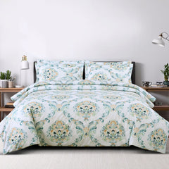 Malako Basel White and Green 100% Cotton King Size Bedding Set