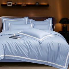 Malako Luxe Striped 550TC Pigeon Blue 100% Cotton Super King Size Duvet Cover Set with Bedsheet and 4 Pillow Covers