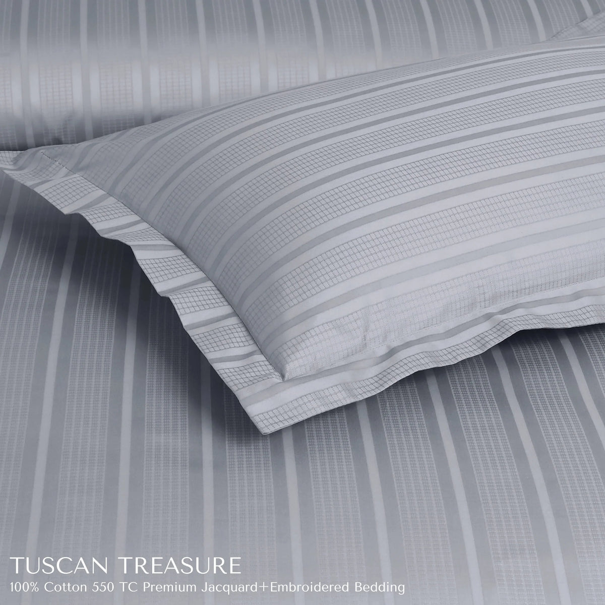 Malako Tuscan Treasure Striped Jacquard Silver Grey 550 TC 100% Cotton King Size Duvet Cover Set