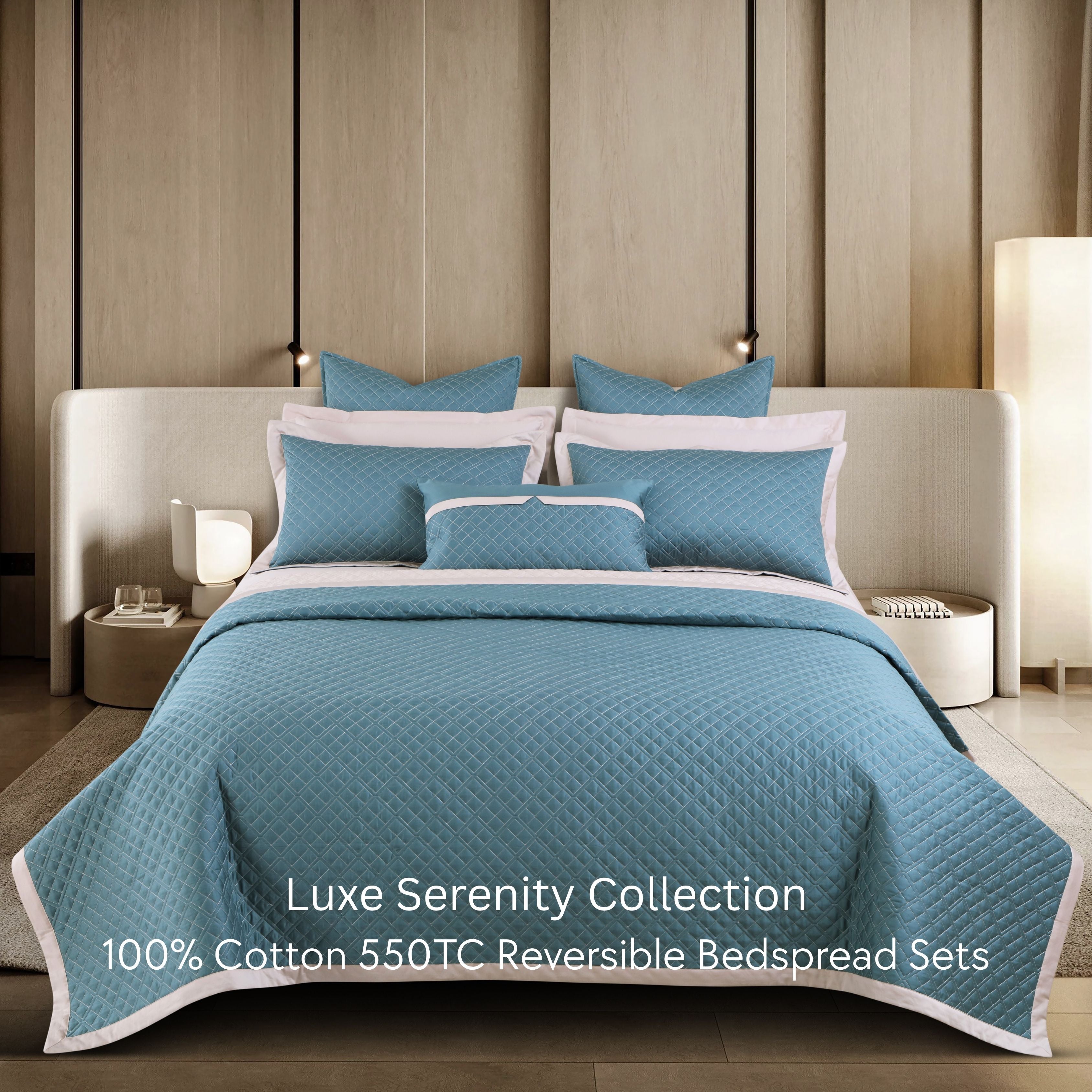Malako Luxe: Serenity 550 TC 100% Cotton Teal & Beige Solid King Size Reversible Bedspread Set