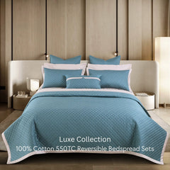 Malako Luxe 550 TC 100% Cotton Teal & Beige Solid King Size Reversible Bedspread Set