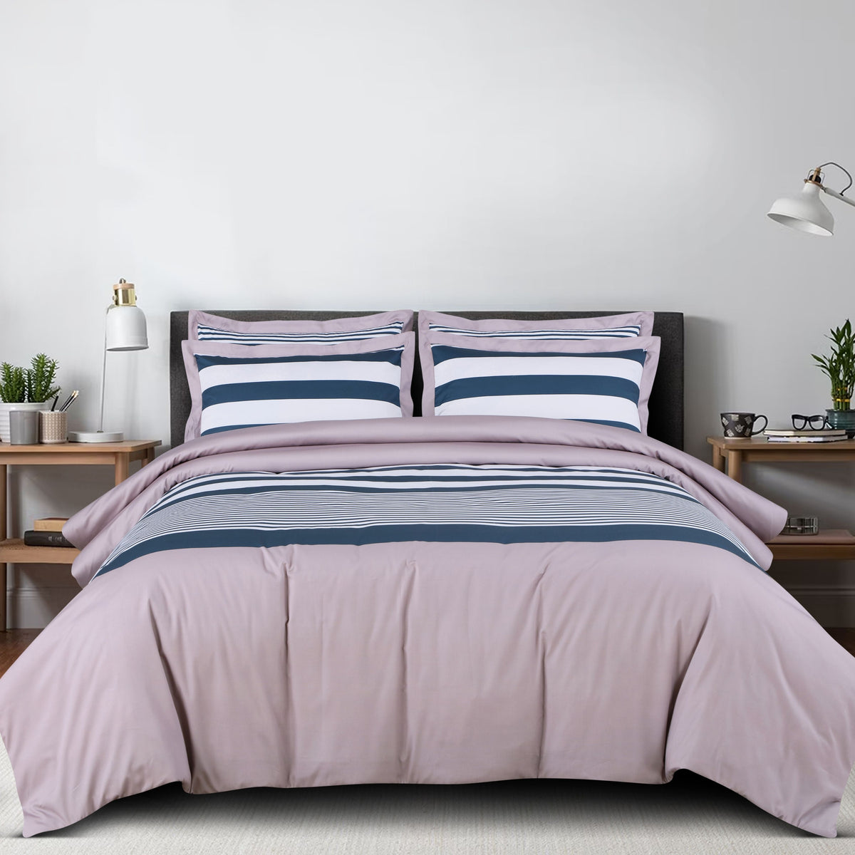 Malako Sion 100% Cotton Almond Beige and Blue Striped King Size Bedding