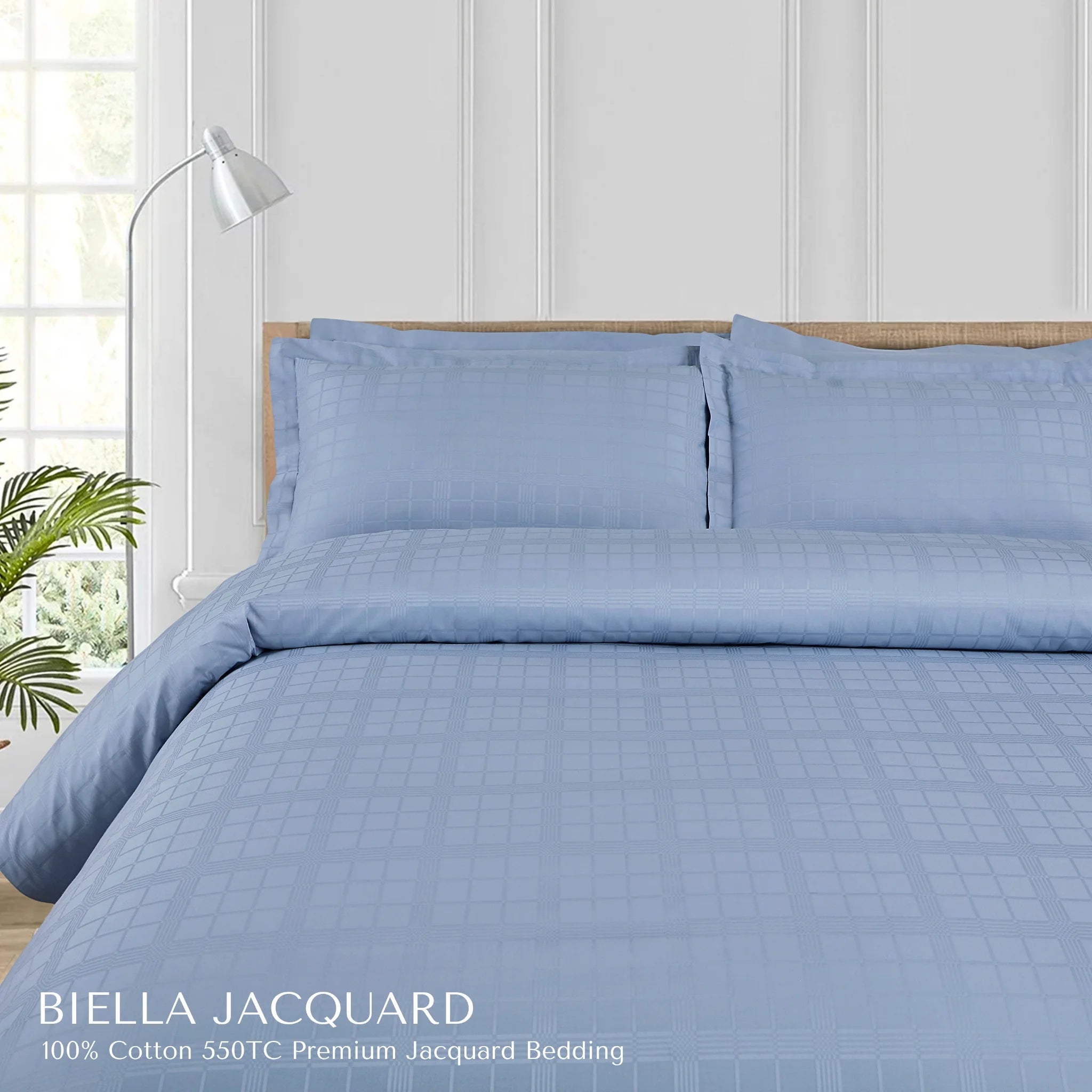 Malako Biella Jacquard Pigeon Blue Checks 550 TC 100% Cotton King Size Bedding