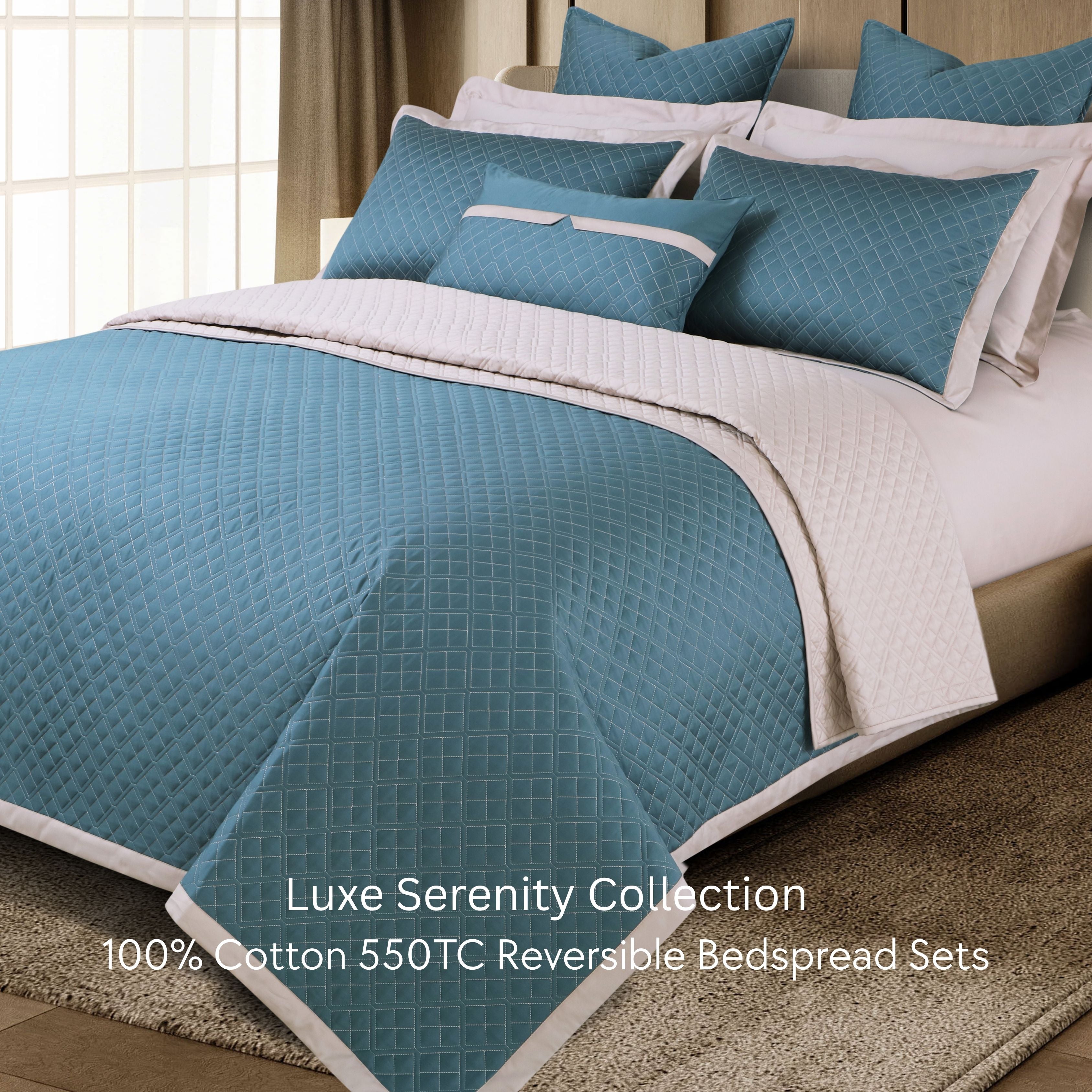 Malako Luxe: Serenity 550 TC 100% Cotton Teal & Beige Solid King Size Reversible Bedspread Set