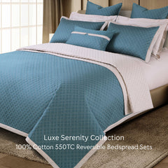 Malako Luxe: Serenity 550 TC 100% Cotton Teal & Beige Solid King Size Reversible Bedspread Set