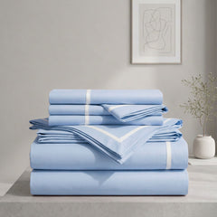 Malako Luxe Striped 550TC Pigeon Blue 100% Cotton Super King Size Duvet Cover Set with Bedsheet and 4 Pillow Covers
