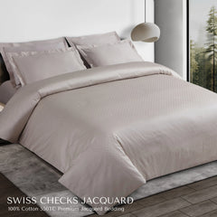 Malako Swiss Checks Jacquard Beige 550 TC 100% Cotton King Size 6 Piece Bedding Set