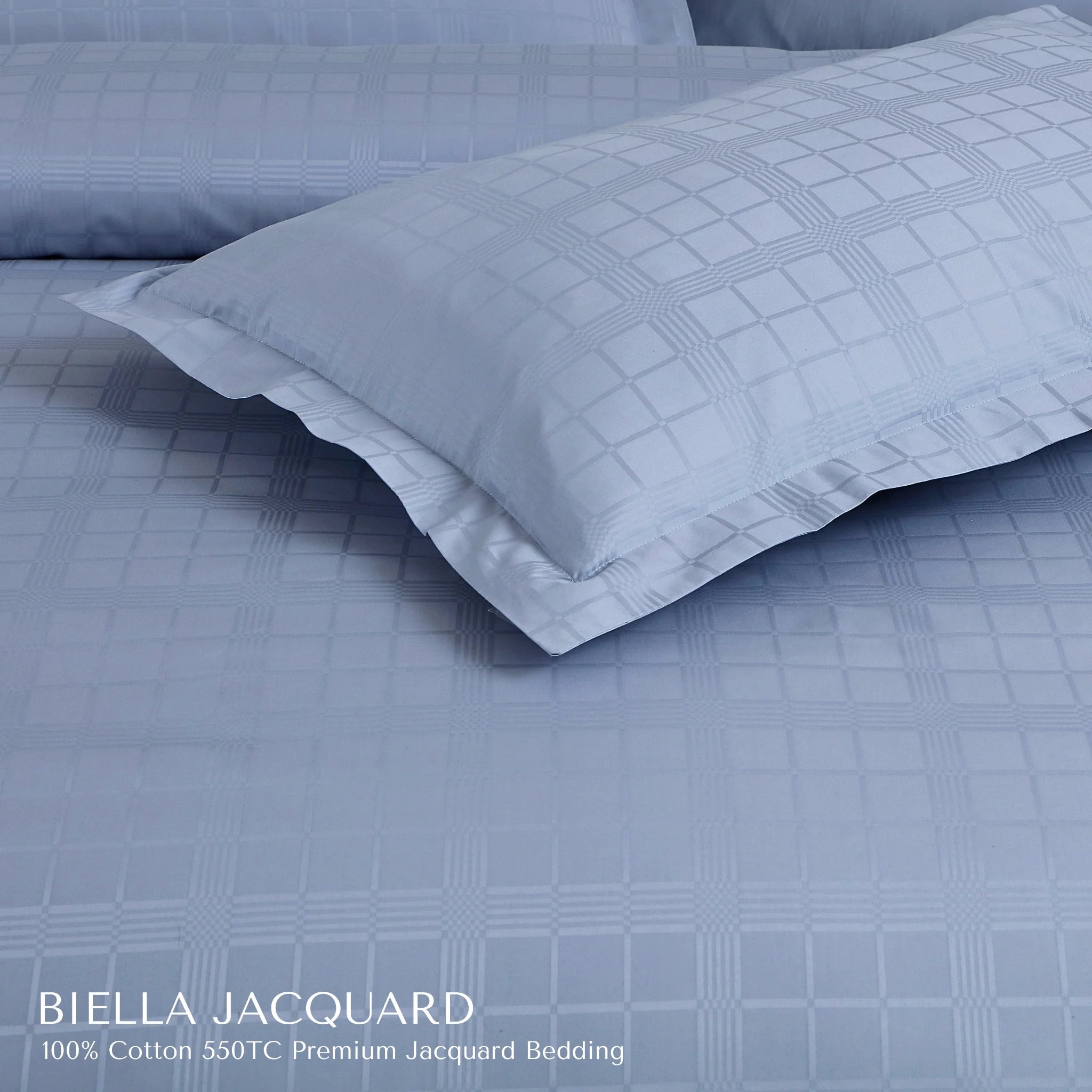 Malako Biella Jacquard Pigeon Blue Checks 550 TC 100% Cotton King Size Bedding