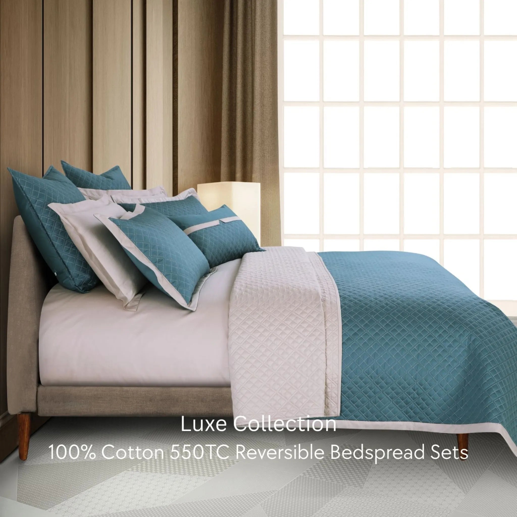 Malako Luxe 550 TC 100% Cotton Teal & Beige Solid King Size Reversible Bedspread Set