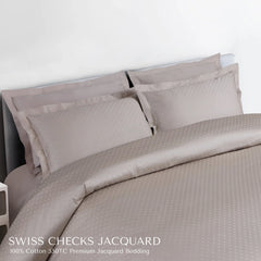 Malako Swiss Checks Jacquard Beige 550 TC 100% Cotton King Size Duvet Cover Set