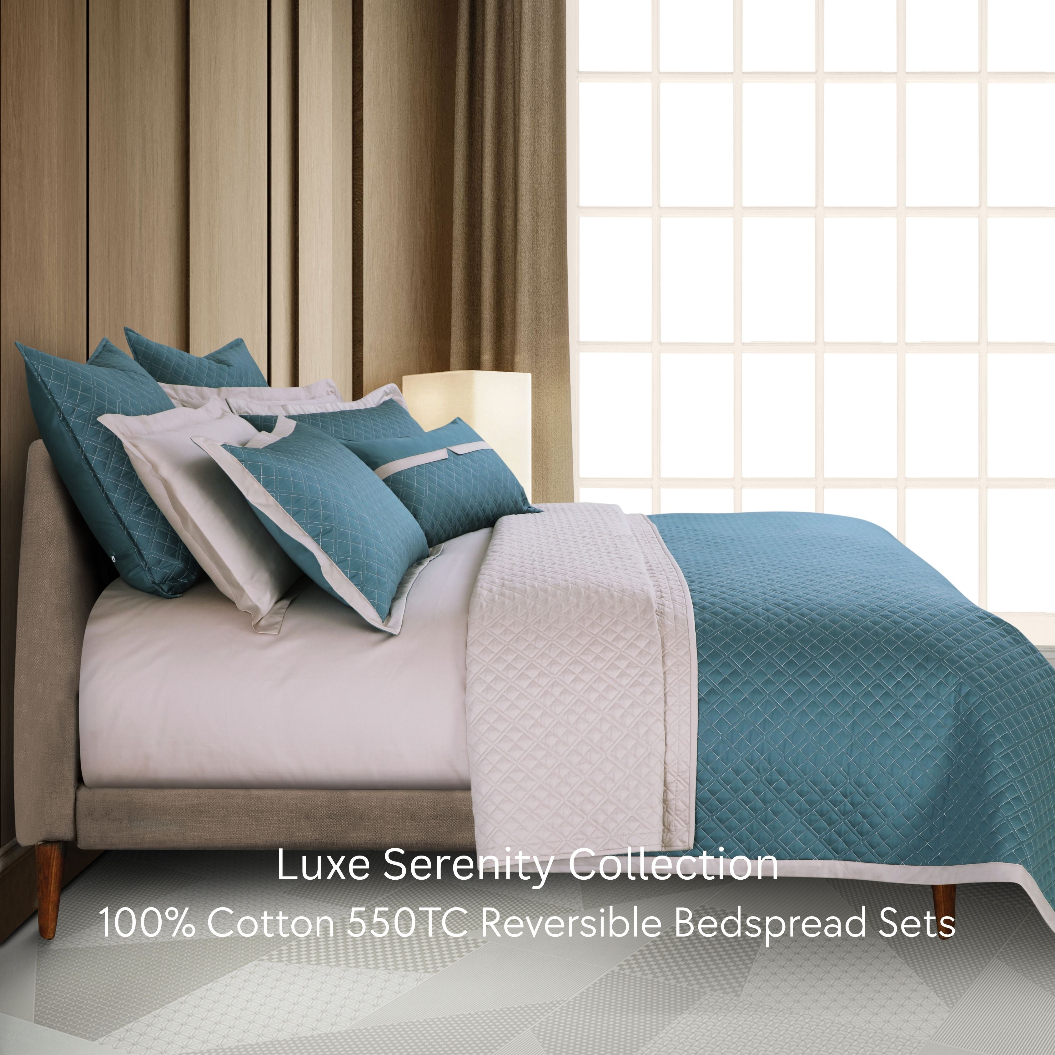 Malako Luxe: Serenity 550 TC 100% Cotton Teal & Beige Solid King Size Reversible Bedspread Set