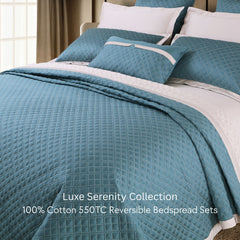 Malako Luxe: Serenity 550 TC 100% Cotton Teal & Beige Solid King Size Reversible Bedspread Set