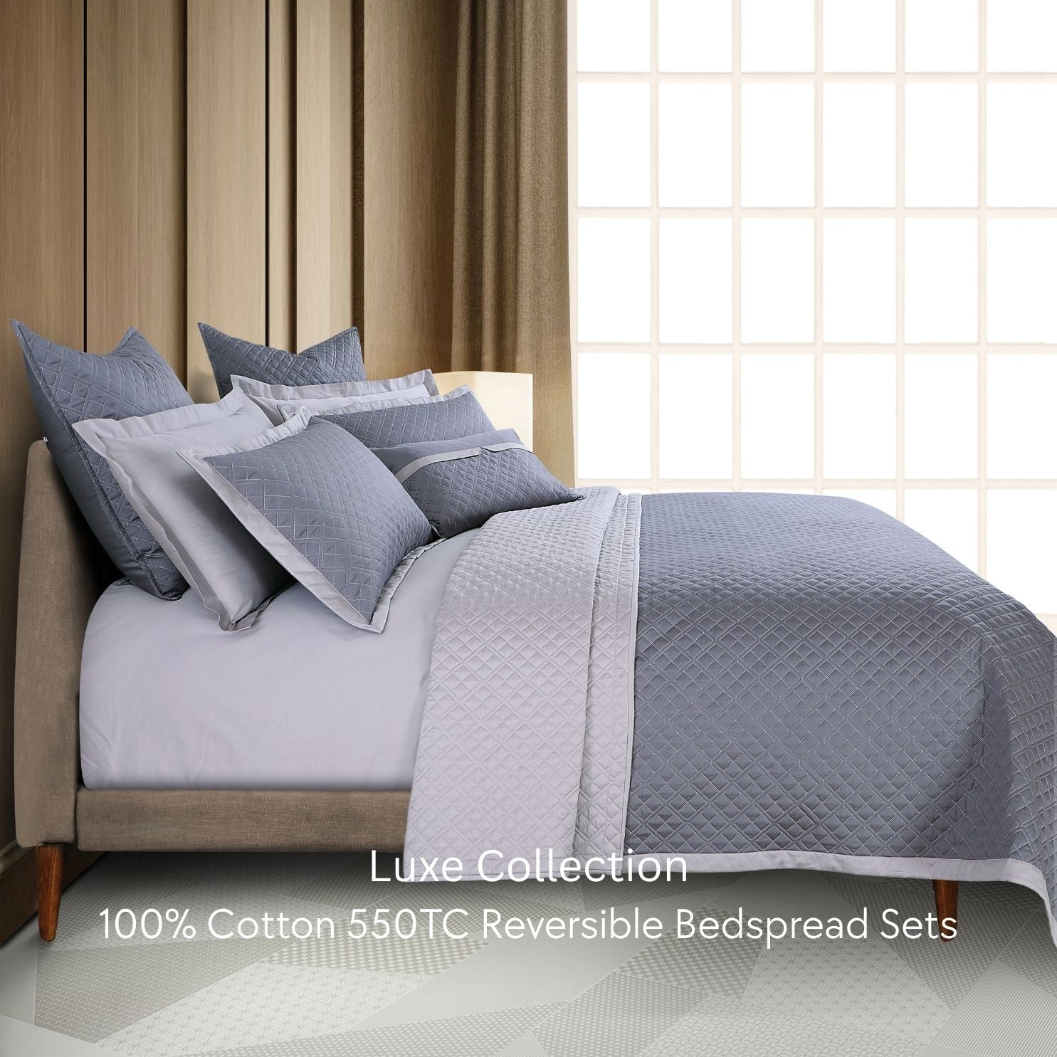 Malako Luxe 550 TC 100% Cotton Grey Solid King Size Reversible Bedspread Set