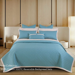 Malako Luxe 550 TC 100% Cotton Teal & Beige Solid King Size Reversible Bedspread Set
