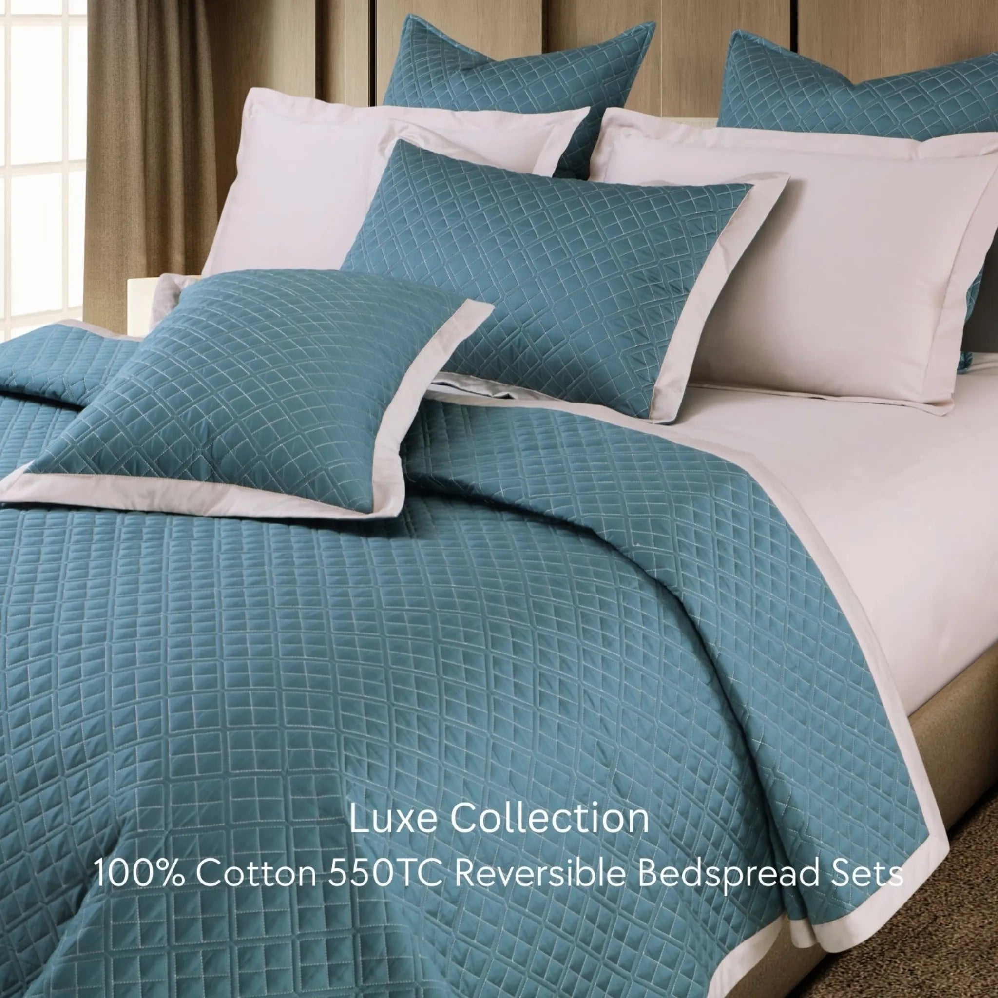 Malako Luxe 550 TC 100% Cotton Teal & Beige Solid King Size Reversible Bedspread Set