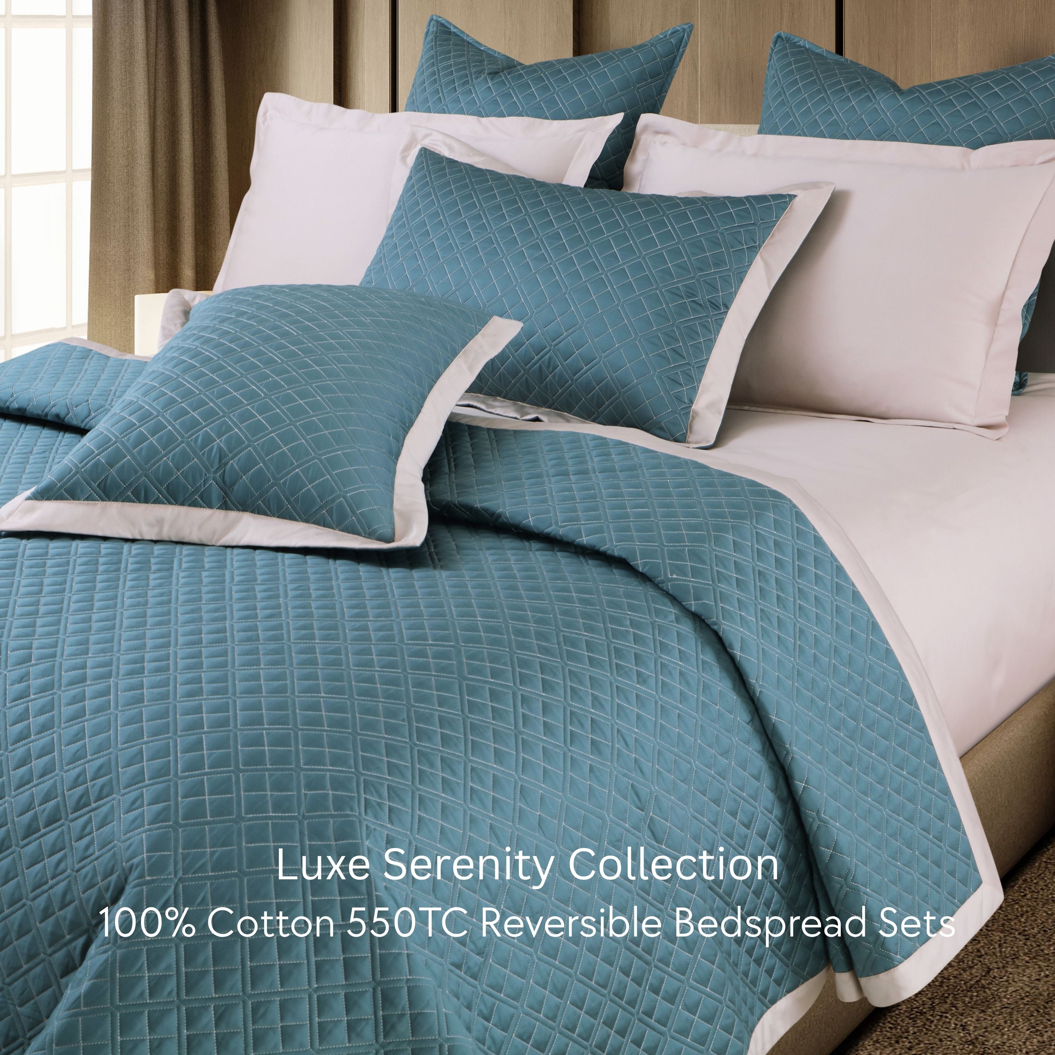 Malako Luxe: Serenity 550 TC 100% Cotton Teal & Beige Solid King Size Reversible Bedspread Set