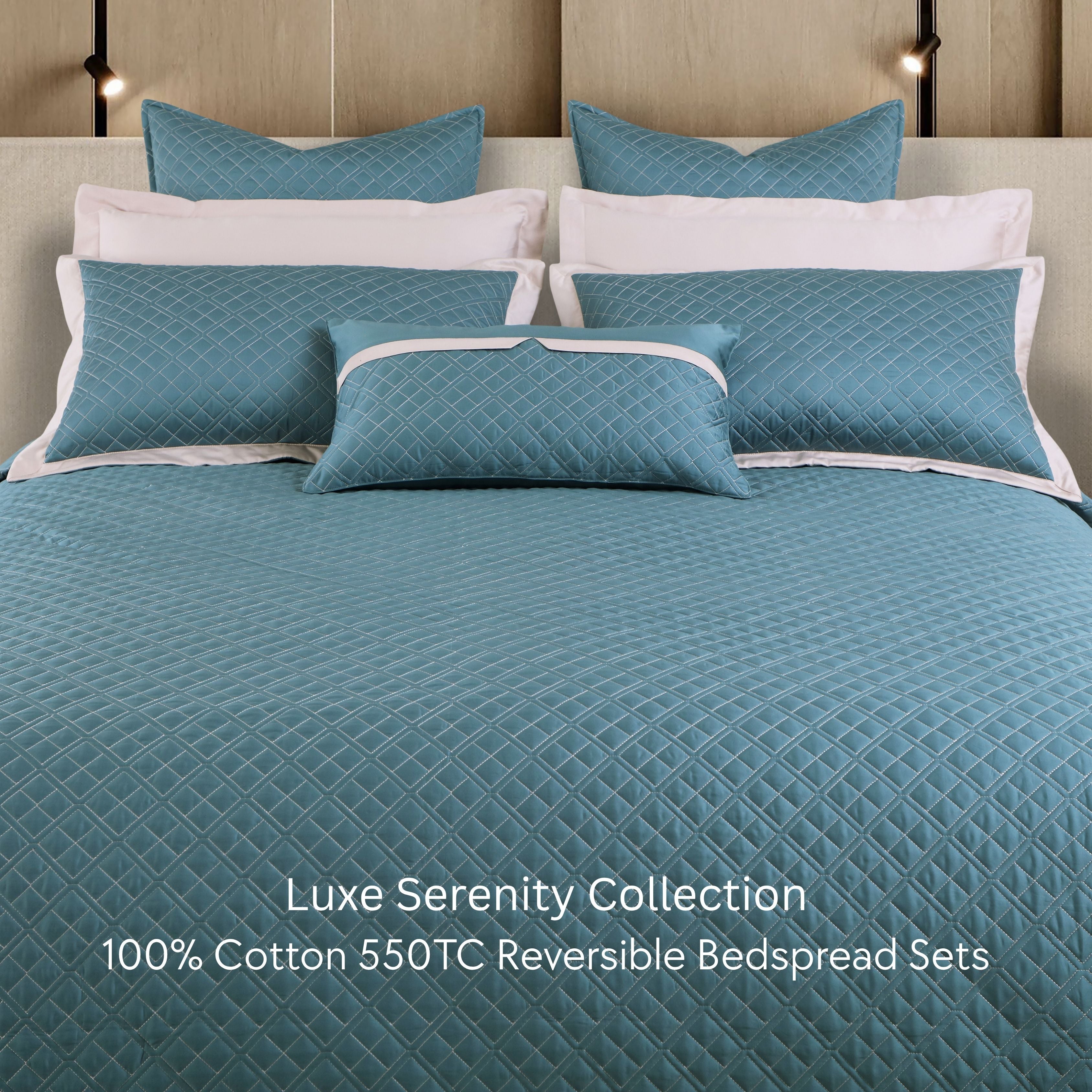 Malako Luxe: Serenity 550 TC 100% Cotton Teal & Beige Solid King Size Reversible Bedspread Set