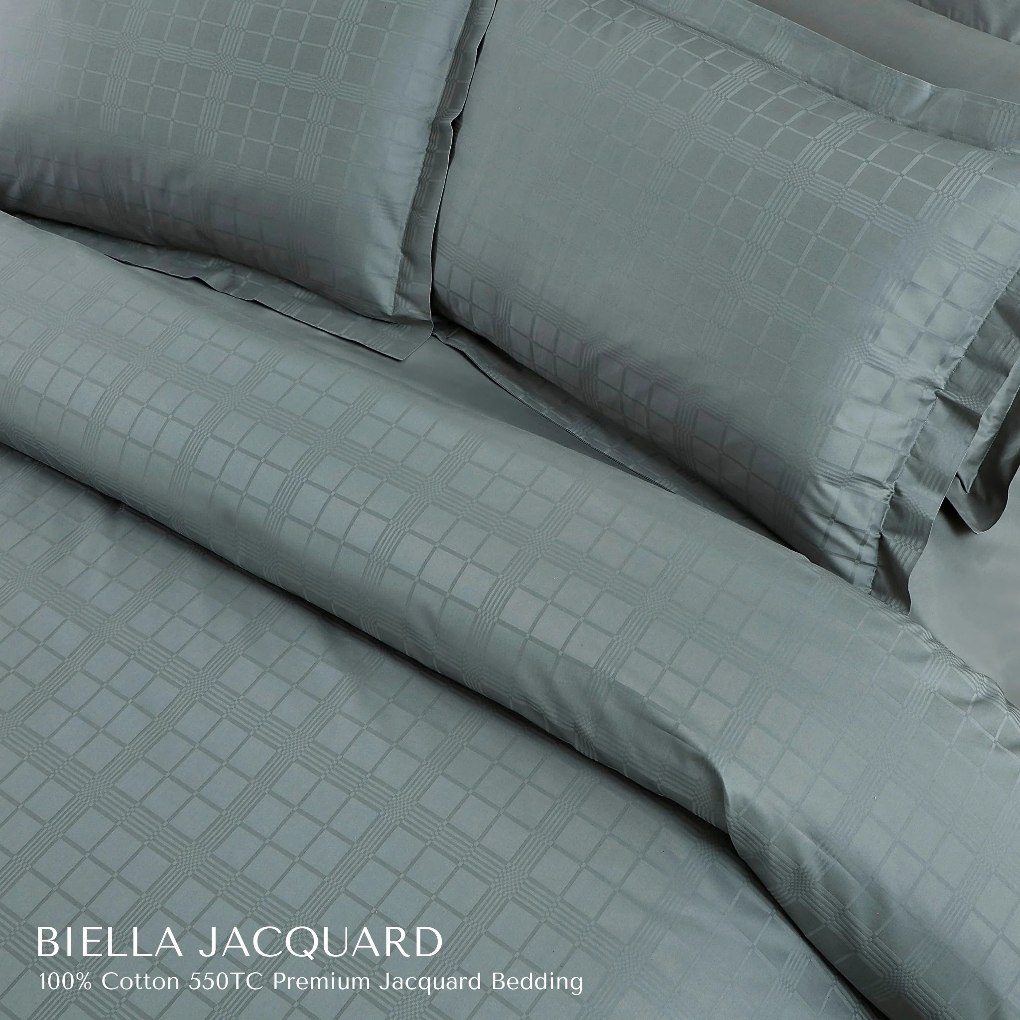 Malako Biella Jacquard Olive Green Checks 550 TC 100% Cotton King Size 6 Piece Bedding Set