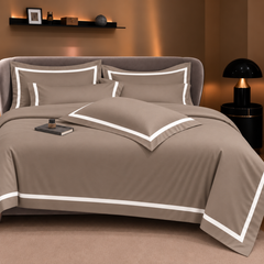 Malako Luxe Striped 550TC Taupe Brown 100% Cotton Super King Size Duvet Cover Set with Bedsheet and 4 Pillow Covers